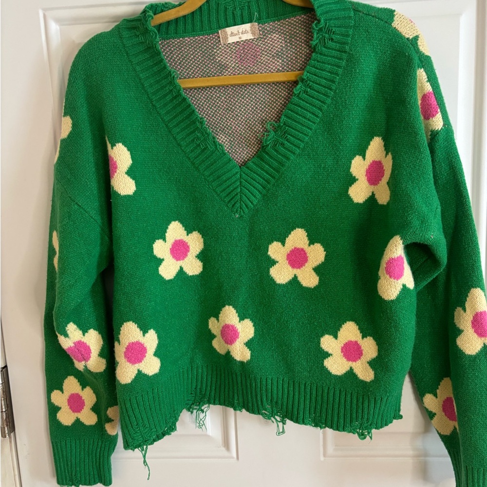 Altar'd State Green Floral Y2K vintage 70s floral styled  V-Neck Sweater
